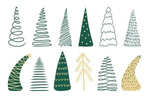 Vector set of doodle minimalistic Christmas trees, pines for greeting card, invitation, banner, web. Green, gold colors on a white background