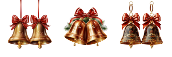 Set of Christmas Bells with Red Ribbons isolated on transparent background, AI Generative png