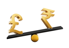 3d golden Pfund und indisch Rupie Symbol Symbole mit 3d schwarz Balance Gewicht Wippe, 3d Illustration png