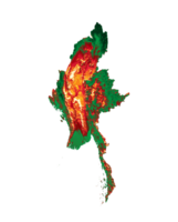 Birmania myanmar mapa con los colores de la bandera rojo verde y amarillo mapa en relieve sombreado ilustración 3d png