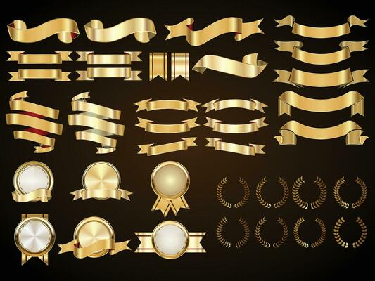 Set of luxury golden badges, Ribbons, laurels and labels. Retro vintage circle badge design