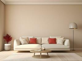 Light crimson and white modern beautiful living room with light brown beige sofa furniture AI Generative photo