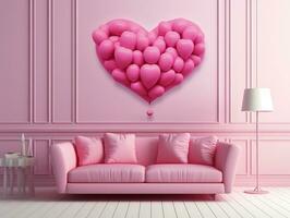 Pink couch is surrounded by a pink heart shaped balloon on wall AI Generative photo