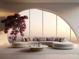 White modern living room with curved white couch and plant by the window AI Generative photo