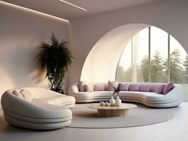 White modern living room with curved white couch and plant by the window AI Generative photo