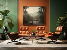 Midcentury modern living room with brown leather chairs and table AI Generative photo