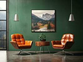 medio siglo moderno vivo habitación con marrón cuero sillas y mesa ai generativo foto