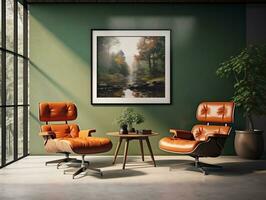 Midcentury modern living room with brown leather chairs and table AI Generative photo