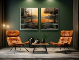 Midcentury modern living room with brown leather chairs and table AI Generative photo