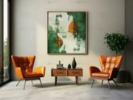 Midcentury modern living room with brown leather chairs and table AI Generative photo