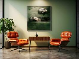 Midcentury modern living room with brown leather chairs and table AI Generative photo