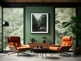 Midcentury modern living room with brown leather chairs and table AI Generative photo