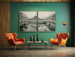 Midcentury modern living room with brown leather chairs and table AI Generative photo