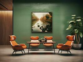 Midcentury modern living room with brown leather chairs and table AI Generative photo