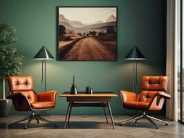 Midcentury modern living room with brown leather chairs and table AI Generative photo