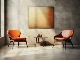 Two wooden leather chairs with a coffee table in a modern home AI Generative photo