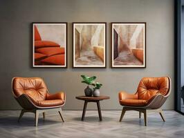 Two wooden leather chairs with a coffee table in a modern home AI Generative photo