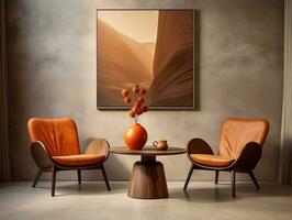 Two wooden leather chairs with a coffee table in a modern home AI Generative photo