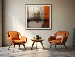 Two wooden leather chairs with a coffee table in a modern home AI Generative photo