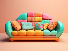 Colorful couch with colorful pillows on a light pink background AI Generative photo