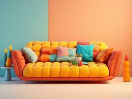 vistoso sofá con vistoso almohadas en un ligero rosado antecedentes ai generativo foto