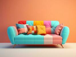 Colorful couch with colorful pillows on a light pink background AI Generative photo