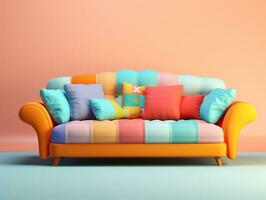 vistoso sofá con vistoso almohadas en un ligero rosado antecedentes ai generativo foto