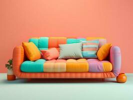 Colorful couch with colorful pillows on a light pink background AI Generative photo