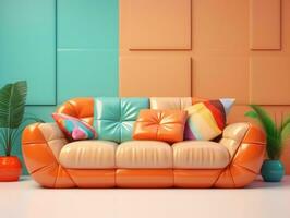 Colorful couch with colorful pillows on a light pink background AI Generative photo