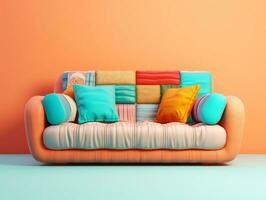 Colorful couch with colorful pillows on a light pink background AI Generative photo