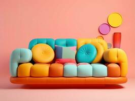 Colorful couch with colorful pillows on a light pink background AI Generative photo