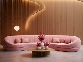 Pink curved sofa with pink pillows and a table middle of the living room AI Generative photo