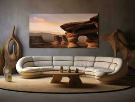 Futuristic living room with brown wood furniture and white curved couch AI Generative photo