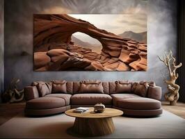 Futuristic living room with brown wood furniture and white curved couch AI Generative photo