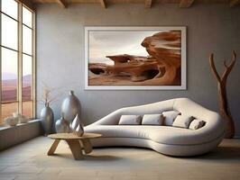 Futuristic living room with brown wood furniture and white curved couch AI Generative photo