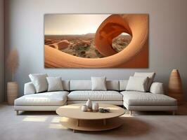 Futuristic living room with brown wood furniture and white curved couch AI Generative photo