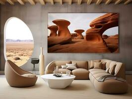 Futuristic living room with brown wood furniture and white curved couch AI Generative photo