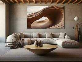 Futuristic living room with brown wood furniture and white curved couch AI Generative photo