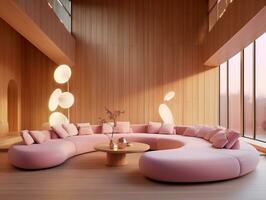 Pink curved sofa with pink pillows and a table middle of the living room AI Generative photo