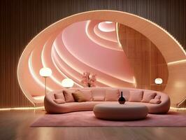 Pink curved sofa with pink pillows and a table middle of the living room AI Generative photo