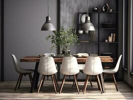 Modern dining room with wooden table and white chairs AI Generative photo