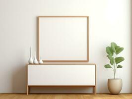 White blank frame mockup stands next to wooden cabinets in a white room AI Generative photo