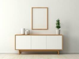 White blank frame mockup stands next to wooden cabinets in a white room AI Generative photo