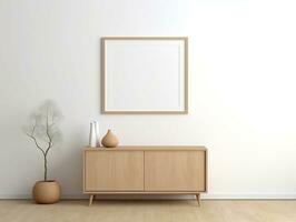 White blank frame mockup stands next to wooden cabinets in a white room AI Generative photo