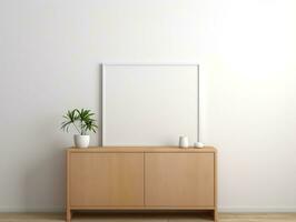 White blank frame mockup stands next to wooden cabinets in a white room AI Generative photo