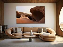 Futuristic living room with brown wood furniture and white curved couch AI Generative photo