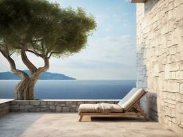 Balcony terrace of a stone house by a blue sea with a beach chair near a tree AI Generative photo