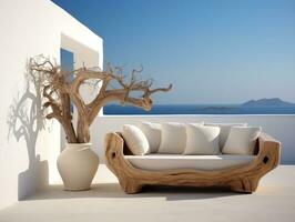 Beautiful terrace with large white wood furnishings table and couch with olive tree in pot AI Generative photo