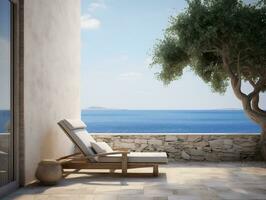 balcón terraza de un Roca casa por un azul mar con un playa silla cerca un árbol ai generativo foto