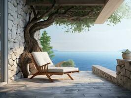 Balcony terrace of a stone house by a blue sea with a beach chair near a tree AI Generative photo